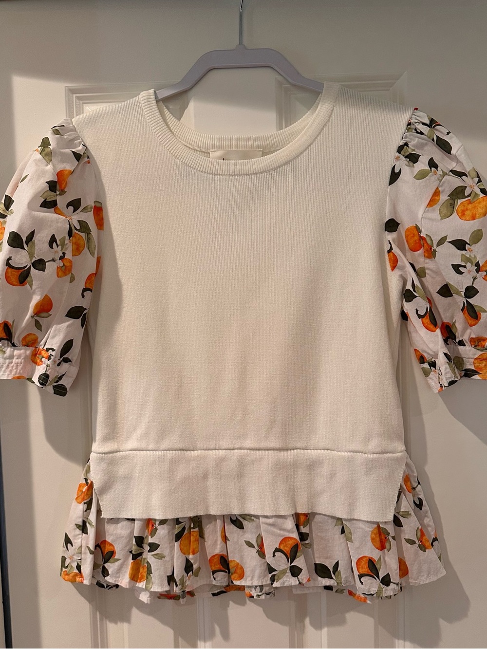 By Anthropologie Cream Knit Top with Citrus Fruit-Print Puff Sleeves
